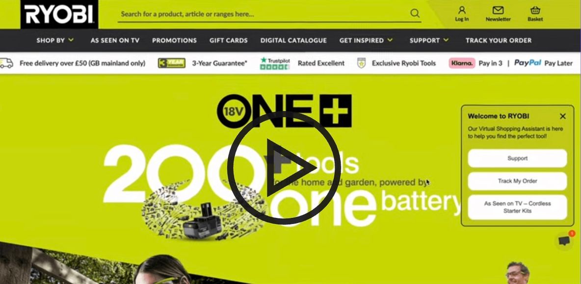 A screenshot of a cosmetics ecommerce website with a virtual chat assistant in the bottom right corner. A play icon overlays the image leading to a demo video on YouTube.