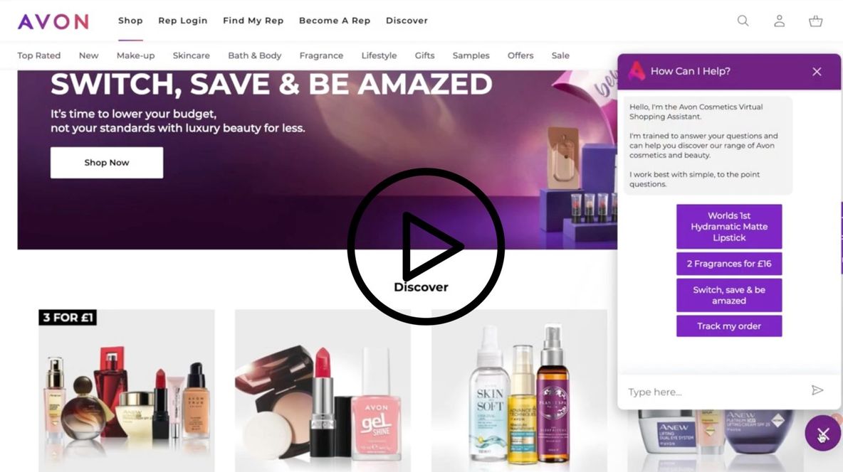 A screenshot of a cosmetics ecommerce website with a virtual chat assistant in the bottom right corner. A play icon overlays the image leading to a demo video on YouTube.